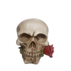 CRÂNIO COM ROSA NA BOCA DE RESINA