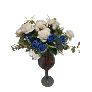 Vaso Taça Grande Com Arranjo Branco e Azul